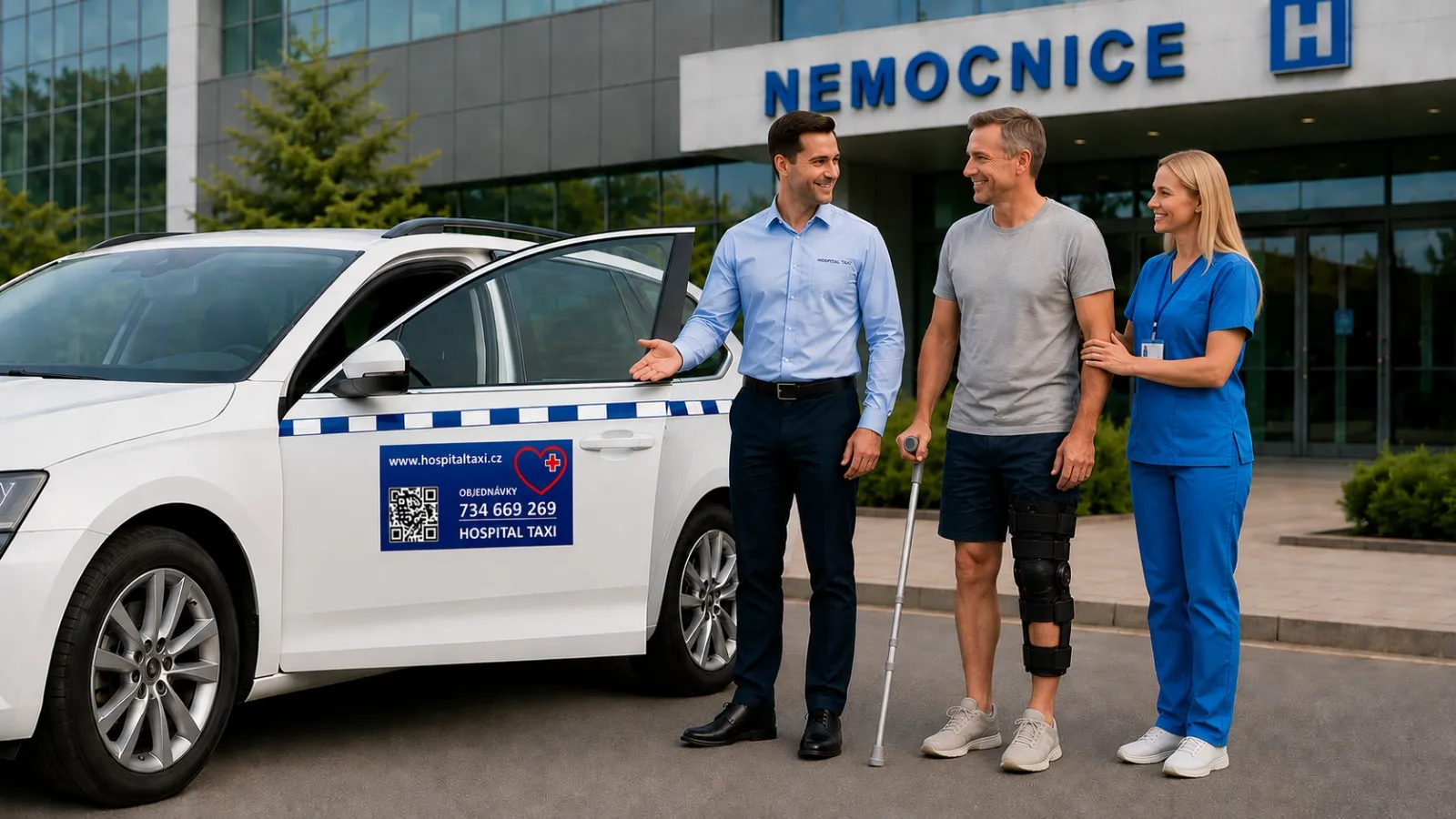 Řidič Hospital Taxi pomáhá pacientovi